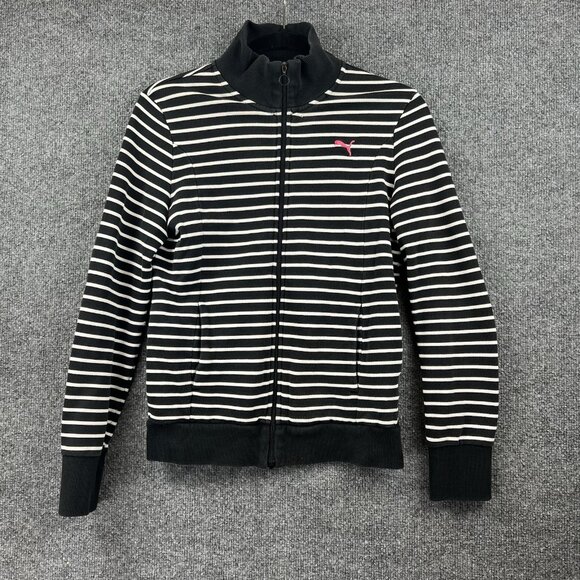 PUMA Black White Striped Zip Up Track Jacket Pink Logo Womens Size L - Picture 1 of 9